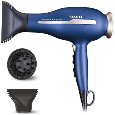 Uscător de păr ionic Kumtel Professional 2400W HHD-03,  ușor, compact și puternic, cu siguranță pentru întrerupere termică, setări de 2 viteze, bleumarin
