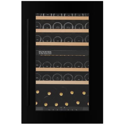 Vitrina de vin Dunavox DXJ-42.100DB, Gama Joy, Culoare Sticla neagra, Nr.zone temperatura 2, Inaltime 88.5 cm, Nr. Sticle 42, Maner Da, WiFi Nu