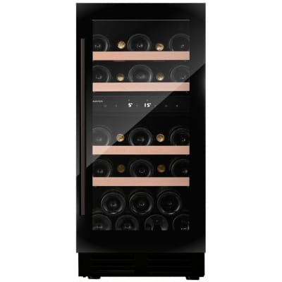 Vitrina de vin Dunavox DAUF-32.78DB, Gama Flow, Culoare Sticla neagra, Nr.zone temperatura 2, Inaltime 82.5 cm, Nr. Sticle 32, Maner Da, WiFi Nu