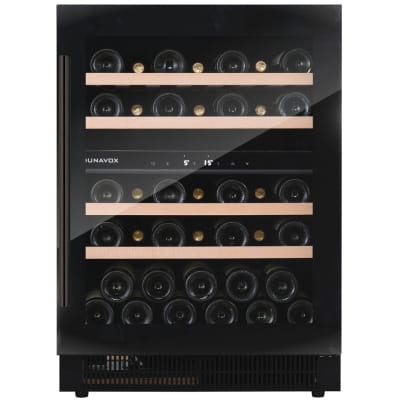 Vitrina de vin Dunavox DAUF-39.121DB, Gama Flow, Culoare Sticla neagra, Nr.zone temperatura 2, Inaltime 82.2 cm, Nr. Sticle 39, Maner Da, WiFi Nu