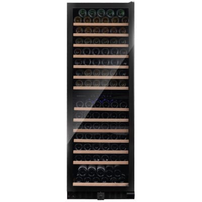 Vitrina de vin Dunavox DX-166.428DBK, Gama Grande, Culoare Sticla neagra, Nr.zone temperatura 2, Inaltime 177 cm, Nr. Sticle 166, Maner Da, WiFi Nu