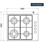Plita incorporabila Kumtel KO-410 BF INOX, 4 Arzatoare gaz, Latime 58 cm, Gratare metalice, Aprindere electrica, Inox - imagine 2
